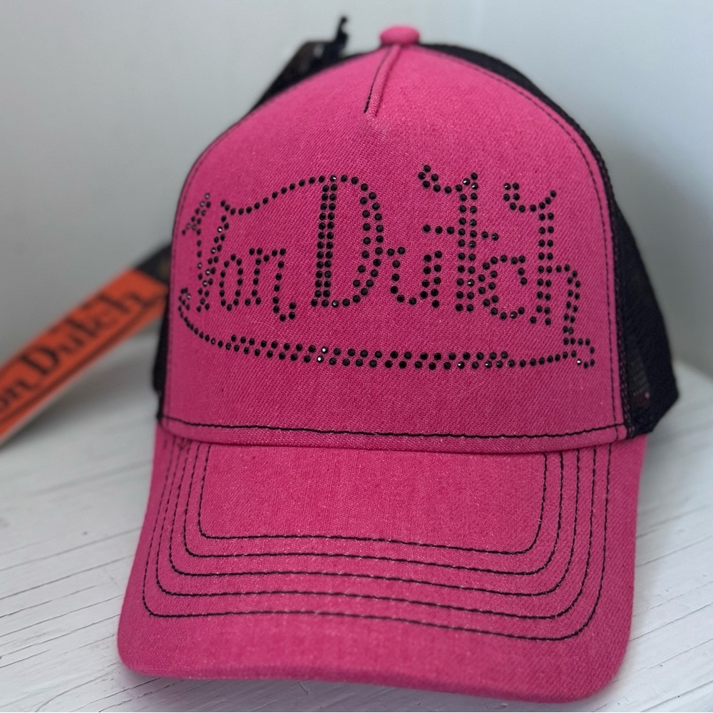 NWT Von Dutch Dark Pink Black Rhinestones SnapBack Trucker Hat